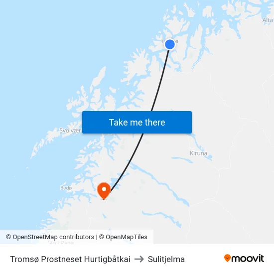 Tromsø Prostneset Hurtigbåtkai to Sulitjelma map