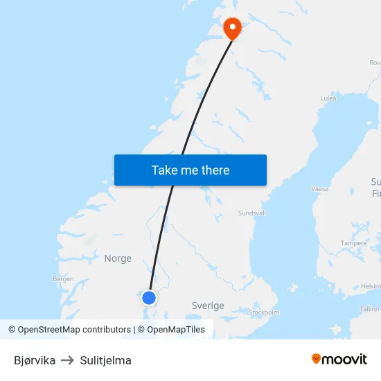 Bjørvika to Sulitjelma map