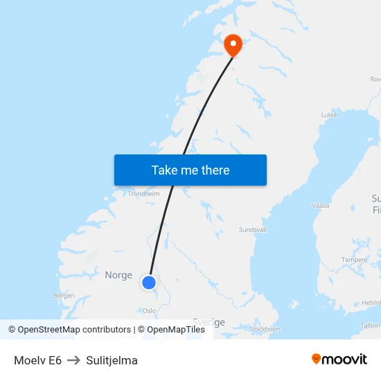 Moelv E6 to Sulitjelma map