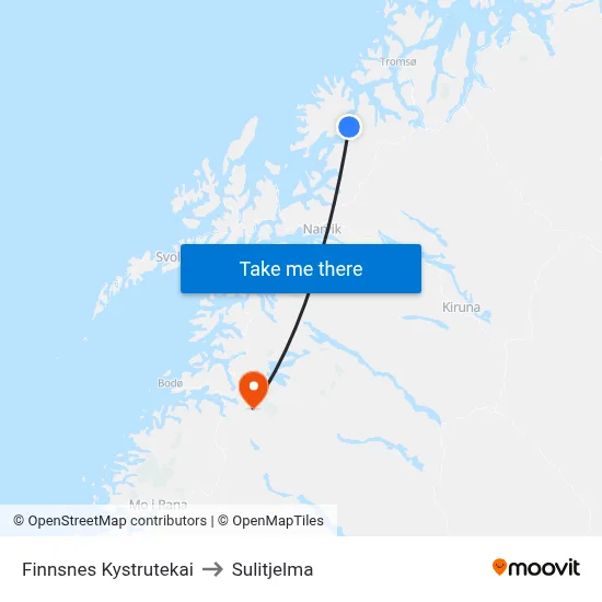 Finnsnes Kystrutekai to Sulitjelma map