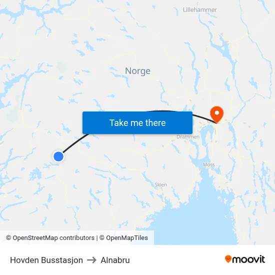 Hovden Busstasjon to Alnabru map