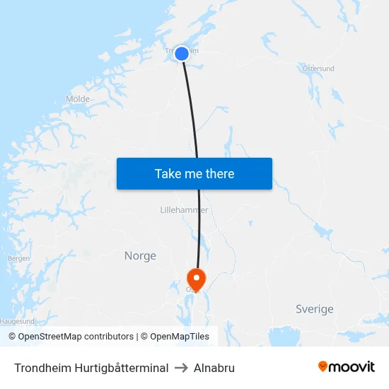 Trondheim Hurtigbåtterminal to Alnabru map