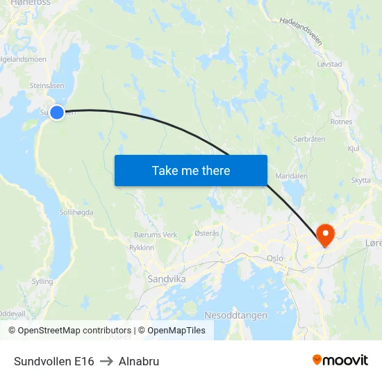 Sundvollen E16 to Alnabru map