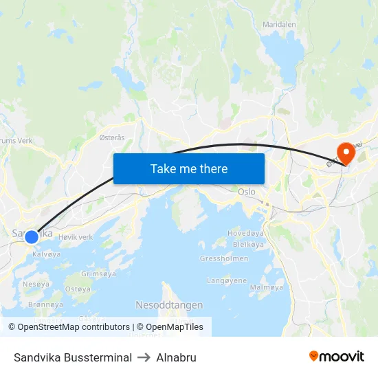 Sandvika Bussterminal to Alnabru map