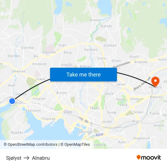Sjølyst to Alnabru map