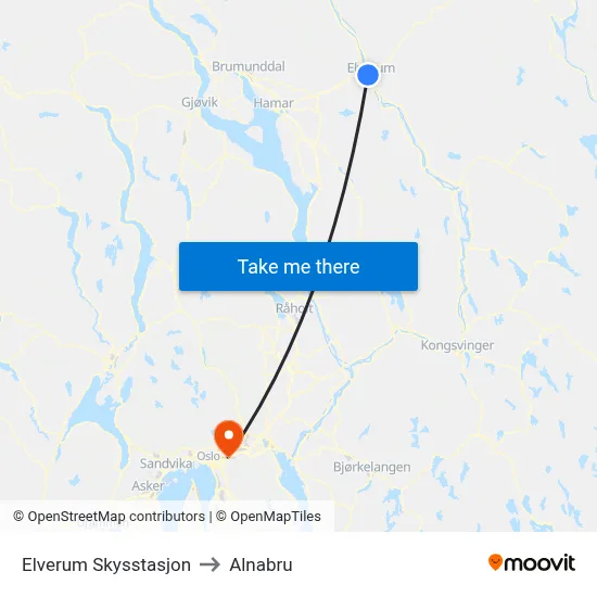 Elverum Skysstasjon to Alnabru map
