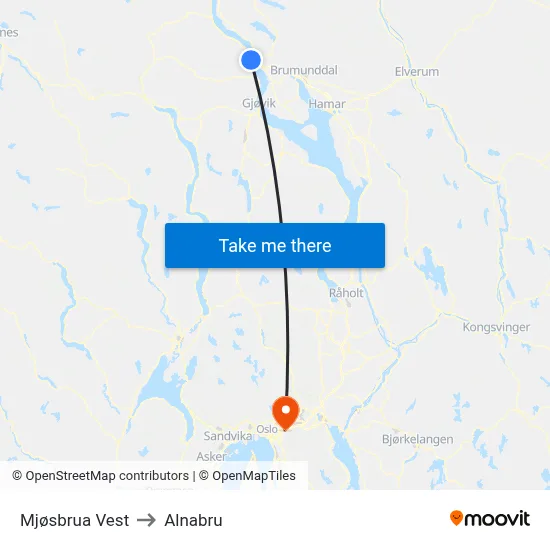 Mjøsbrua Vest to Alnabru map