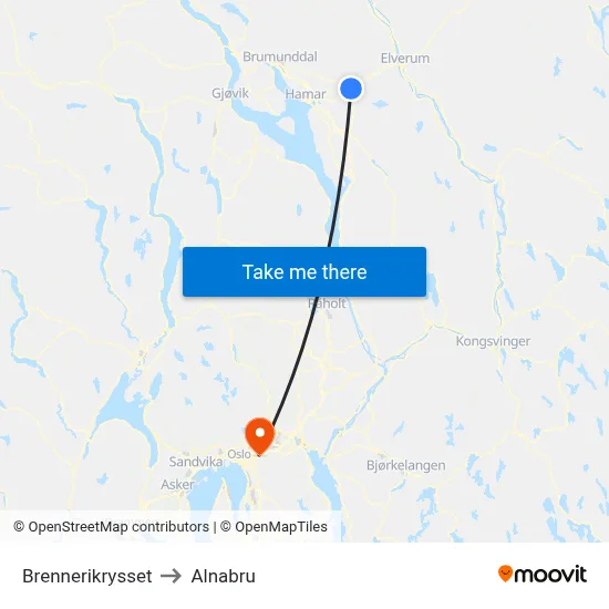 Brennerikrysset to Alnabru map