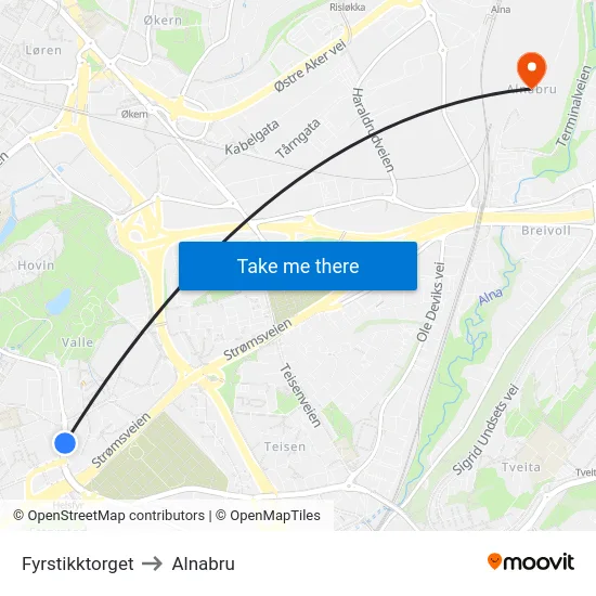 Fyrstikktorget to Alnabru map