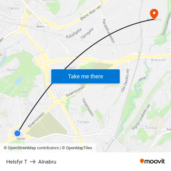 Helsfyr T to Alnabru map