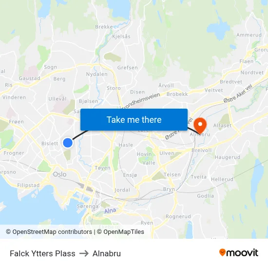 Falck Ytters Plass to Alnabru map