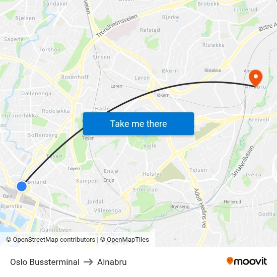Oslo Bussterminal to Alnabru map