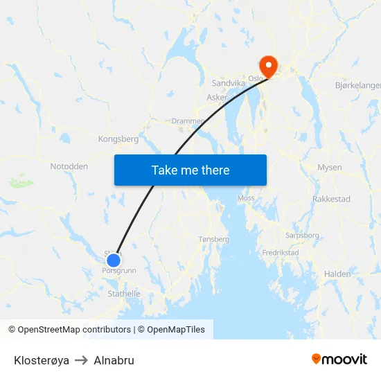 Klosterøya to Alnabru map
