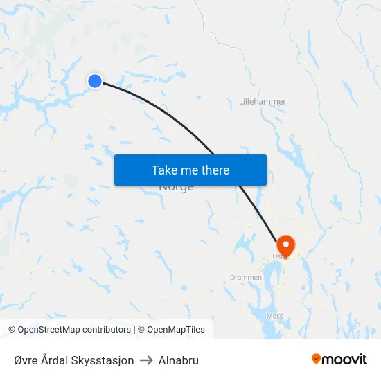 Øvre Årdal Skysstasjon to Alnabru map