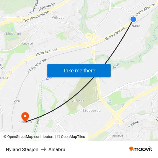 Nyland Stasjon to Alnabru map