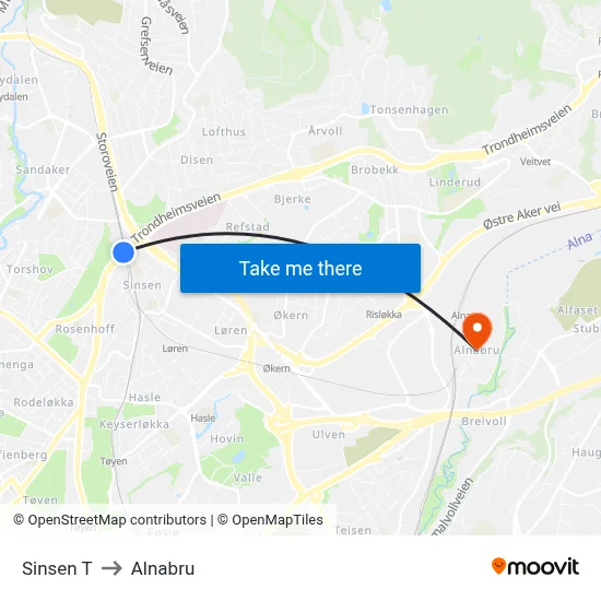 Sinsen T to Alnabru map