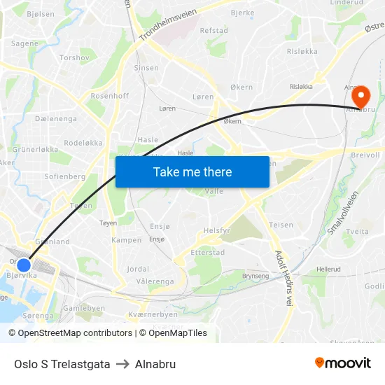 Oslo S Trelastgata to Alnabru map