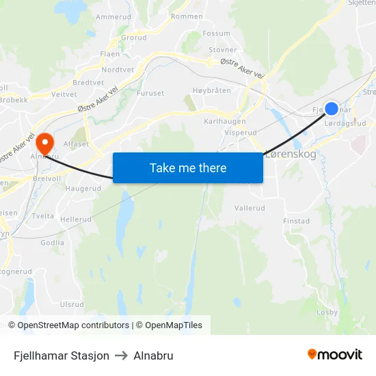Fjellhamar Stasjon to Alnabru map