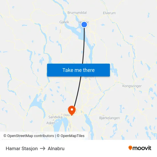 Hamar Stasjon to Alnabru map