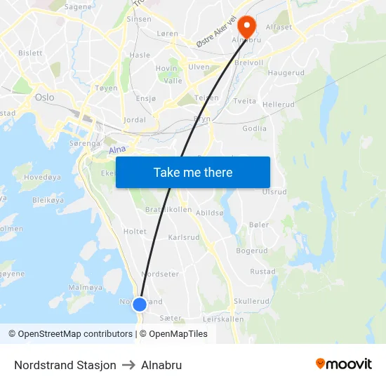Nordstrand Stasjon to Alnabru map