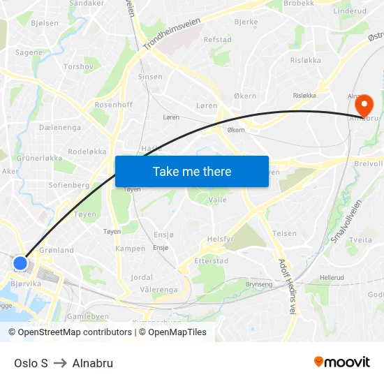 Oslo S to Alnabru map