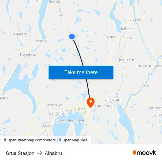 Grua Stasjon to Alnabru map