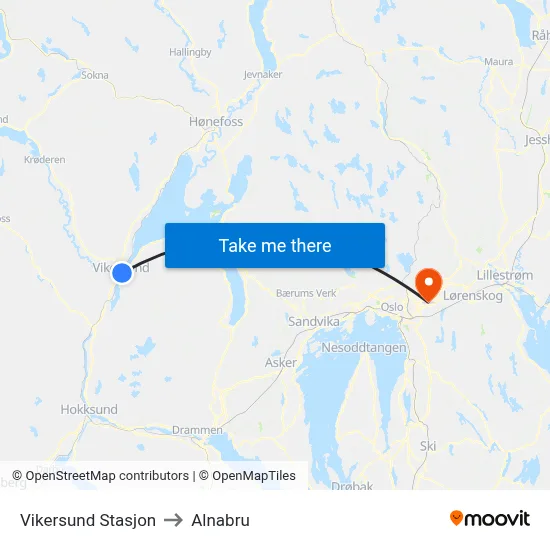 Vikersund Stasjon to Alnabru map