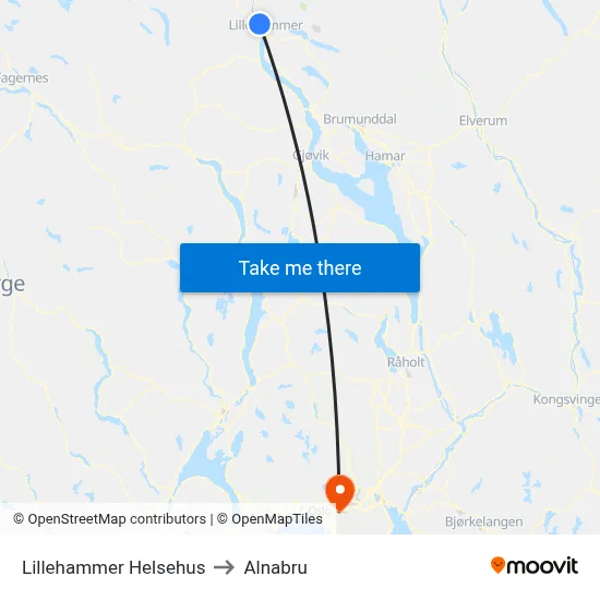 Lillehammer Helsehus to Alnabru map