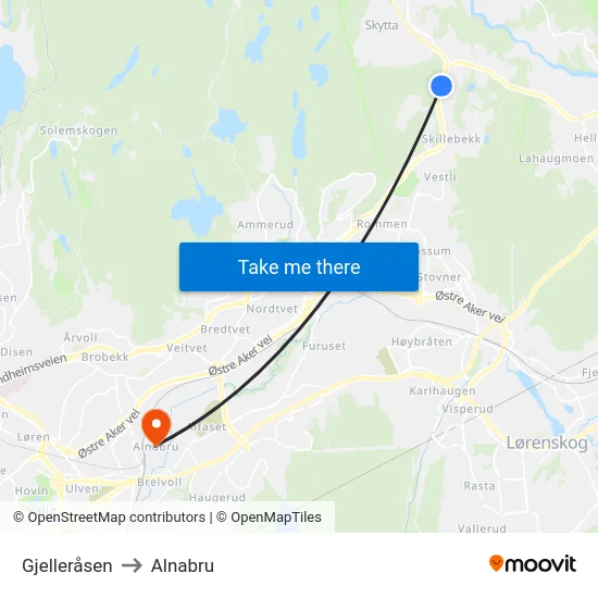 Gjelleråsen to Alnabru map
