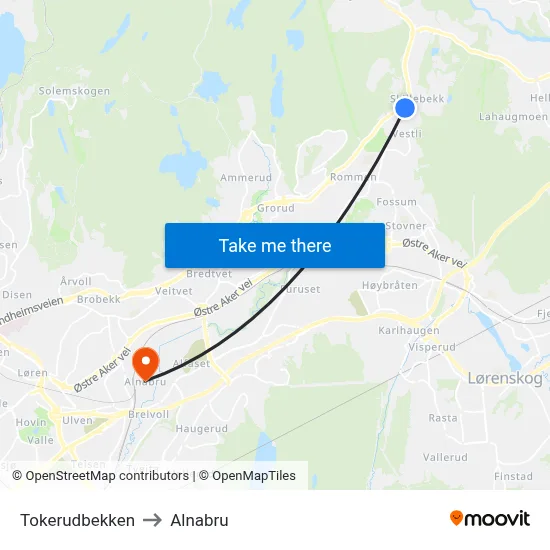 Tokerudbekken to Alnabru map