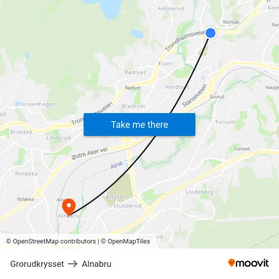 Grorudkrysset to Alnabru map