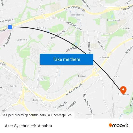 Aker Sykehus to Alnabru map