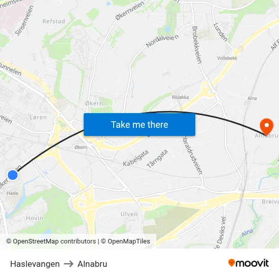Haslevangen to Alnabru map