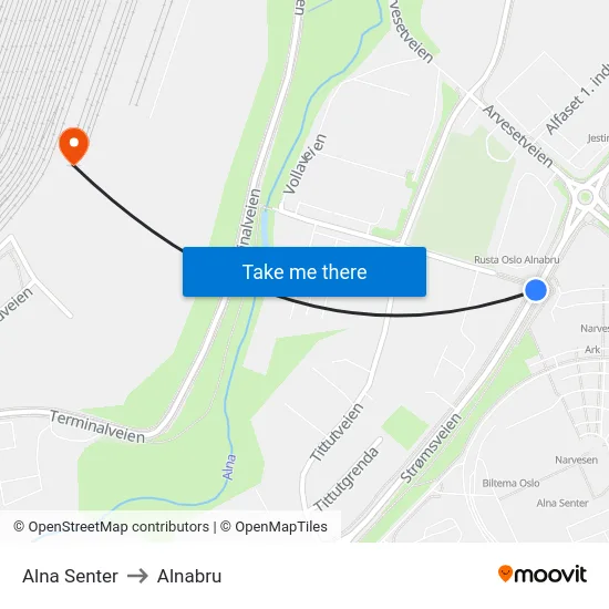 Alna Senter to Alnabru map