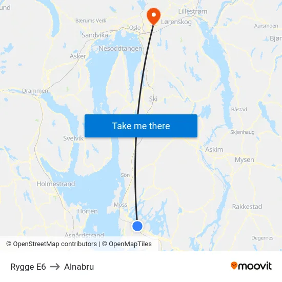 Rygge E6 to Alnabru map
