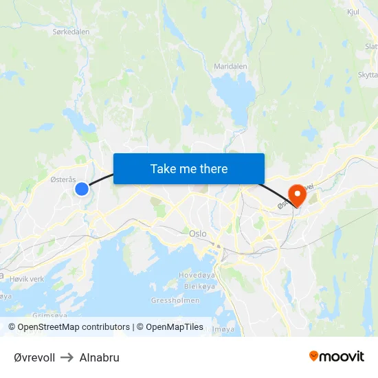 Øvrevoll to Alnabru map