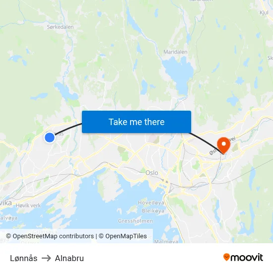 Lønnås to Alnabru map
