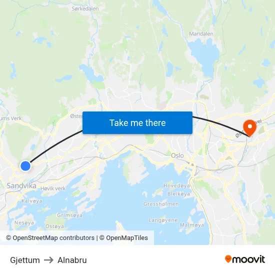 Gjettum to Alnabru map