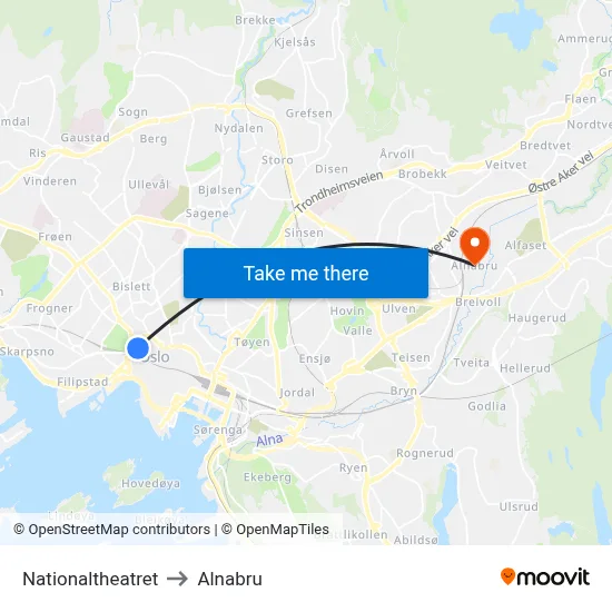 Nationaltheatret to Alnabru map