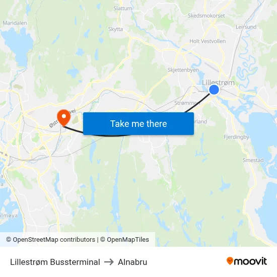 Lillestrøm Bussterminal to Alnabru map