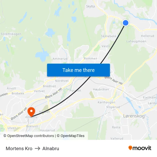 Mortens Kro to Alnabru map