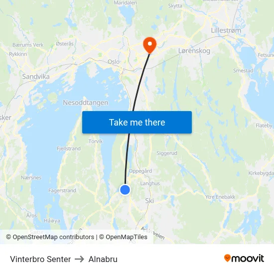 Vinterbro Senter to Alnabru map