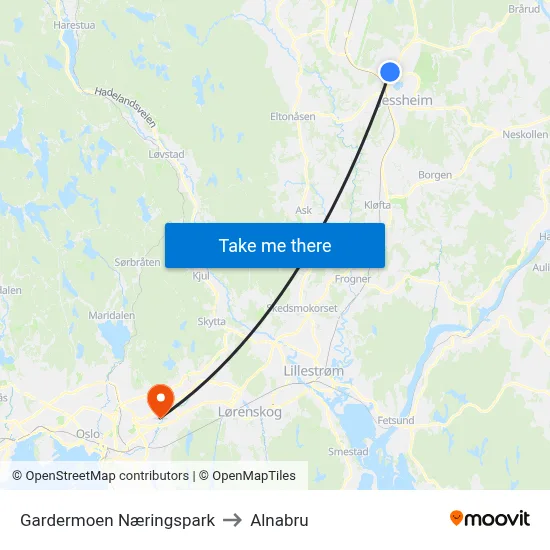 Gardermoen Næringspark to Alnabru map