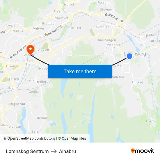 Lørenskog Sentrum to Alnabru map