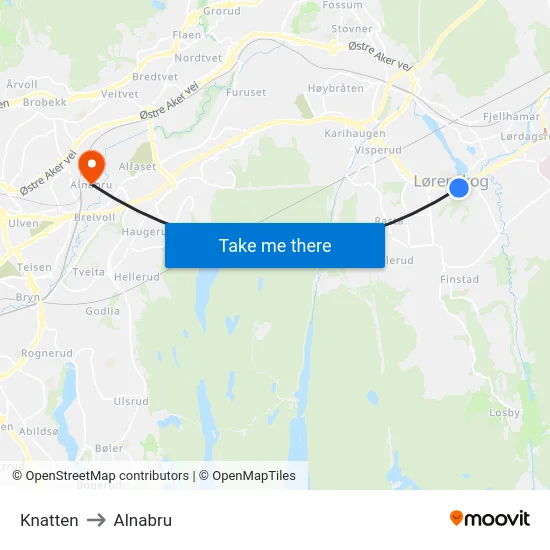 Knatten to Alnabru map