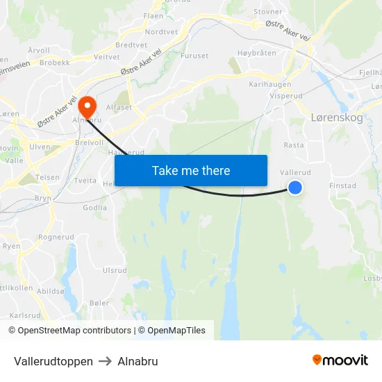 Vallerudtoppen to Alnabru map