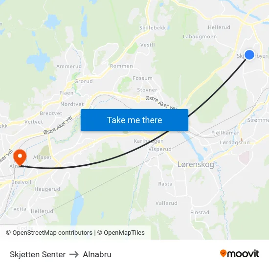 Skjetten Senter to Alnabru map