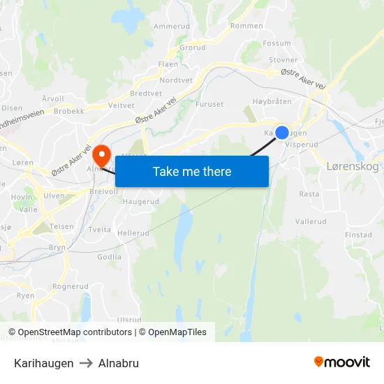 Karihaugen to Alnabru map