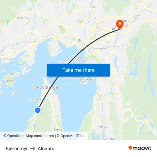 Bjørnemyr to Alnabru map