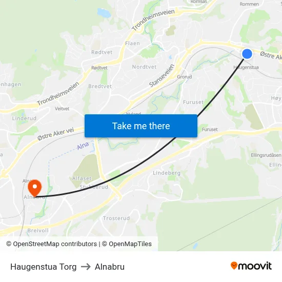Haugenstua Torg to Alnabru map